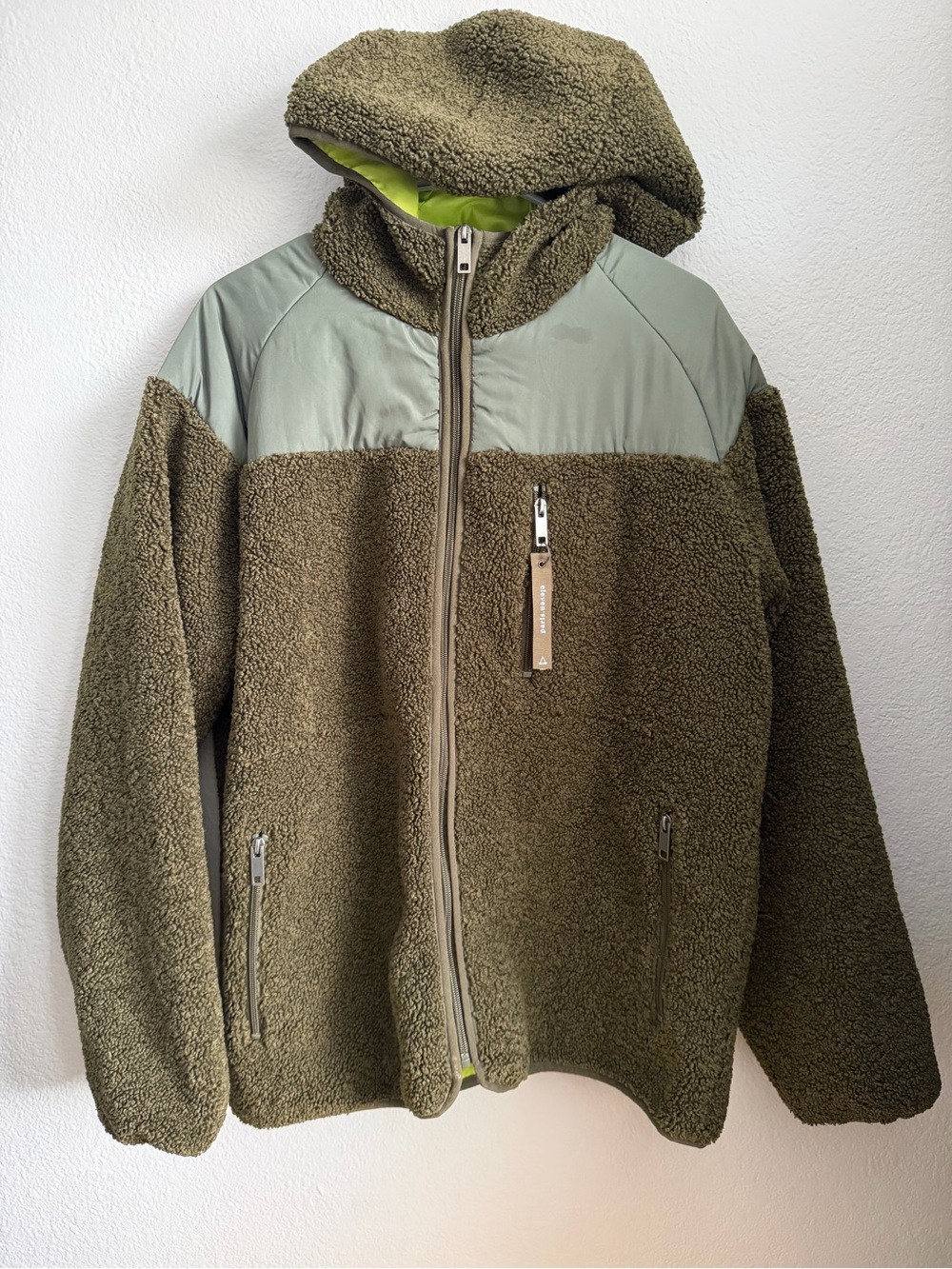Eleven Paris Olive Green Sherpa Hooded Jacket with Light Olive Shoulder Panels